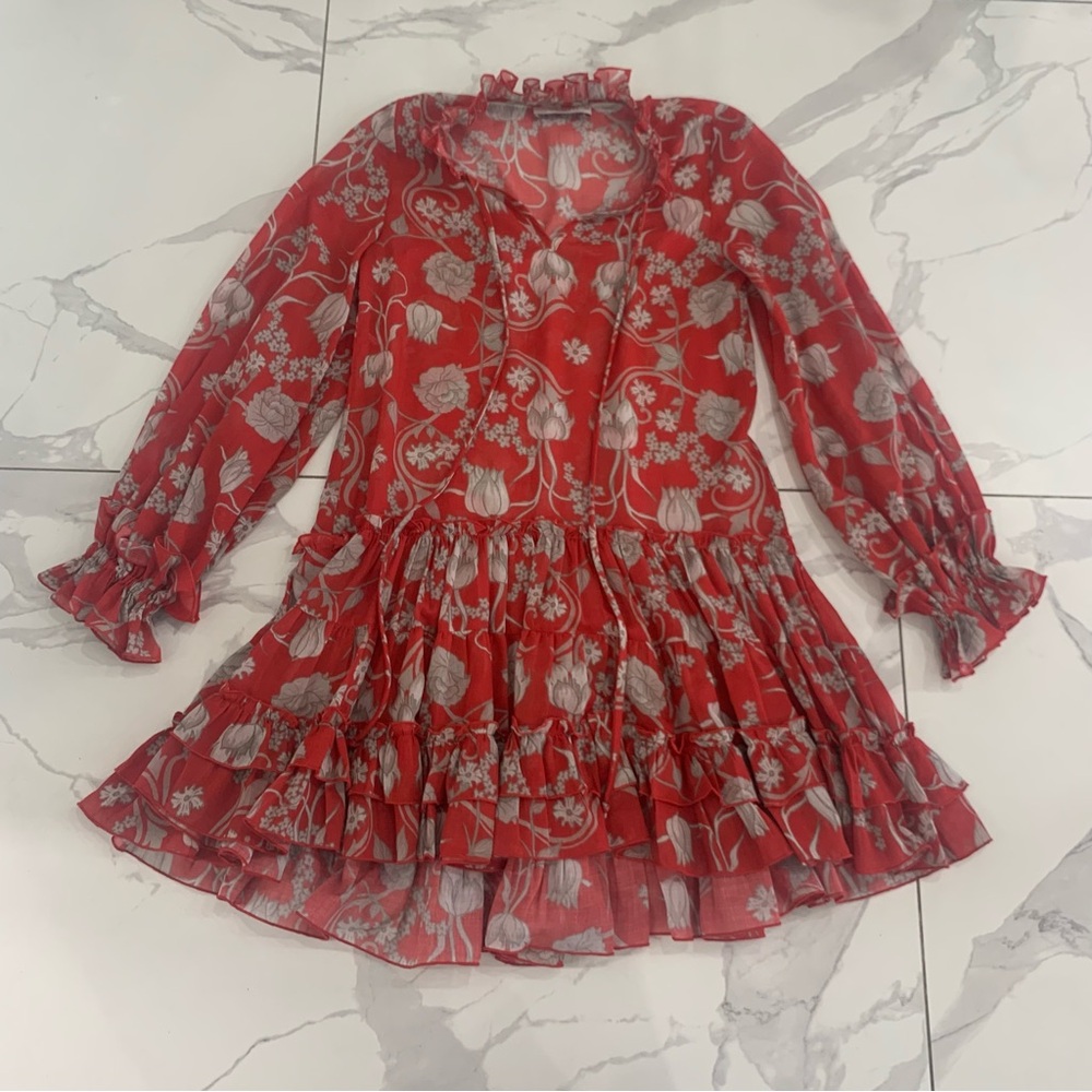 KLEID For Her Dress Size XS Red Floral Ruffle Printed Ballon Long Sleeve Mini